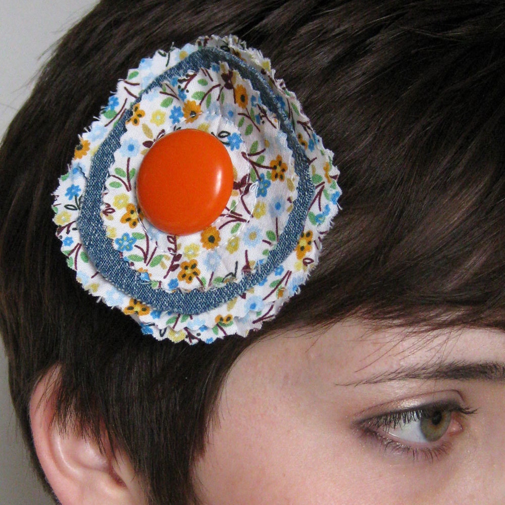 HAIR CLIP upcycled blue denim with orange and yellow floral by Lynn Minney Designs