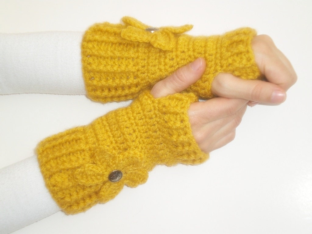 Made to order- Hand Crochet Fingerless Gloves mittens-mustard yellow- with flower and button