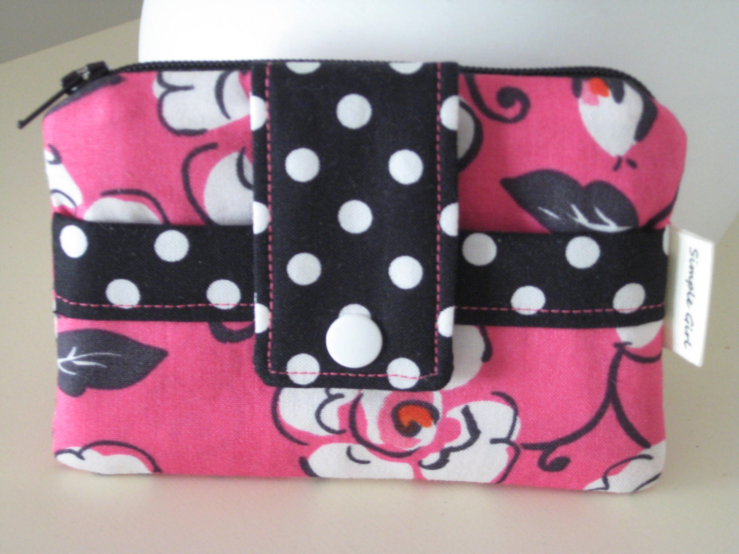 Small Zippered Wallet in a White Roses on Pink Fabric with Black and White Polka Dot Snap Front