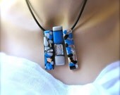 Statement Fused Glass Necklace Blue,Gray, Black and Silver