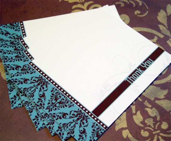 Damask Thank You Cards Set of 6 - Thank You Note Card Set - Thank You Notecards - Flat Note Card Set Turquoise and Chocolate Brown