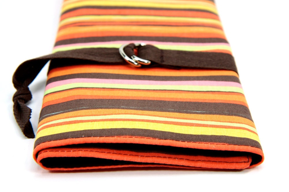 SHORT - Dpn or Circular Knitting Needle Organizer Case - Brown and Orange Stripes - 24 brown pockets