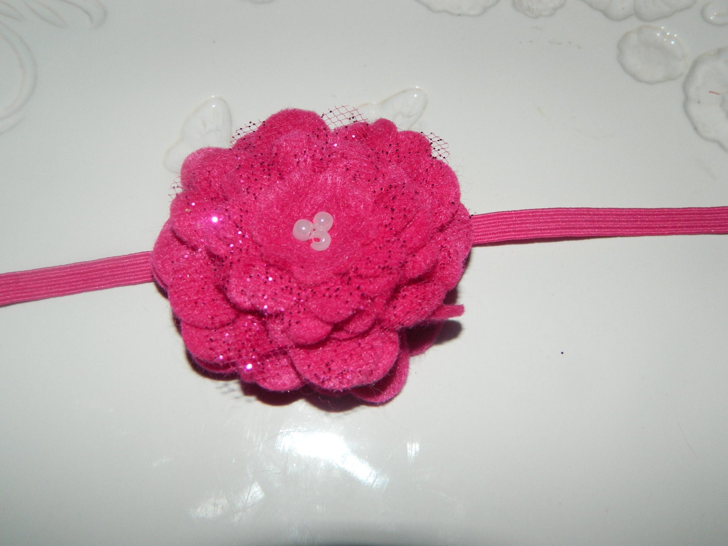 Gorgeous Shimmery Hot Pink Felt Peony Flower on Skinny Headband