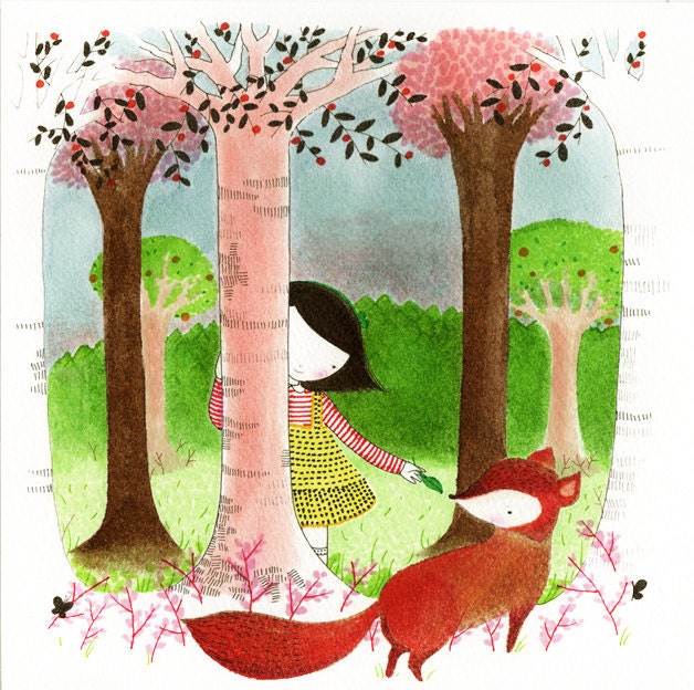 Girl with fox - Cherry blossom tree - the forest -