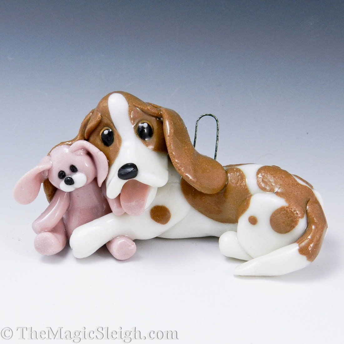 Basset Hound Ornament with Bunny Toy Porcelain Sculpture