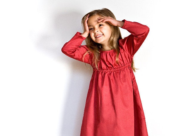 Organic Red Dress for Girl, Children Clothing, Long Sleeved Party Dress in Scarlet Red or Natural Ivory Organic Sateen