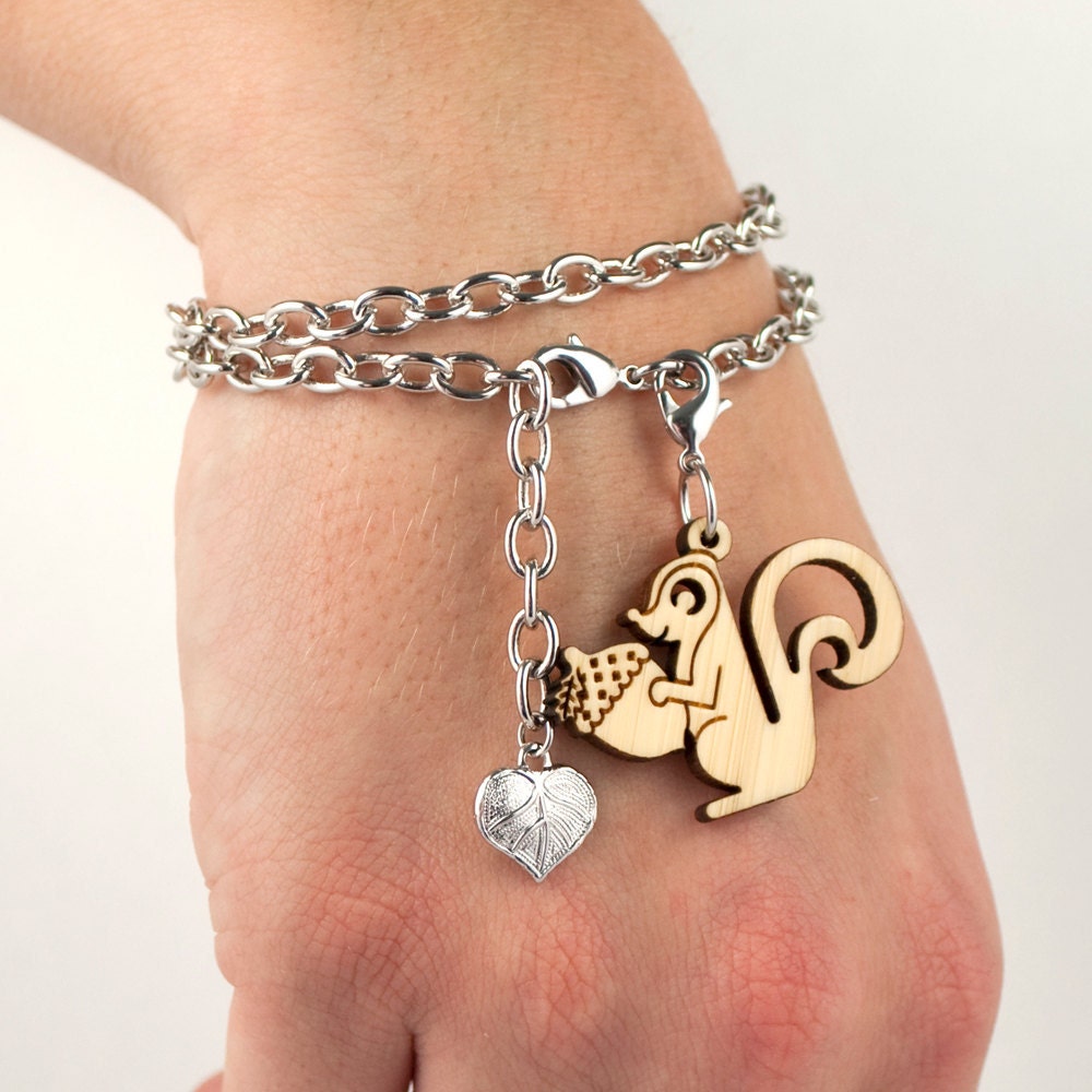Squirrel Charm Wrap Bracelet: Bamboo Rhodium Cable Link Charm Bracelet (Amber or Blonde Wood)