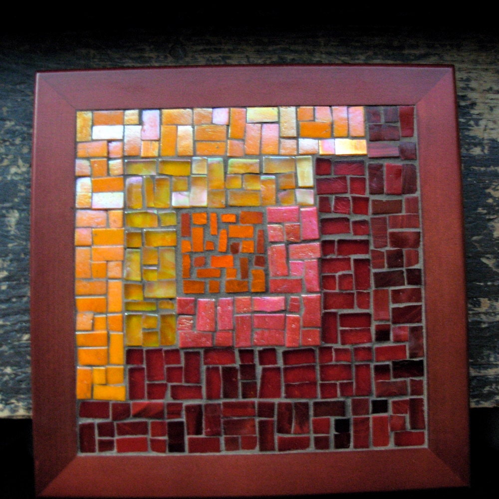 Asymmetric Log Cabin Mosaic Trivet in Dark Red and Orange