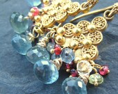Moss aquamarine earrings with red spinel, gold --Montpelier--
