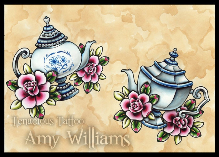 Two Blue Teapots and Pink Roses Tattoo Flash - Print