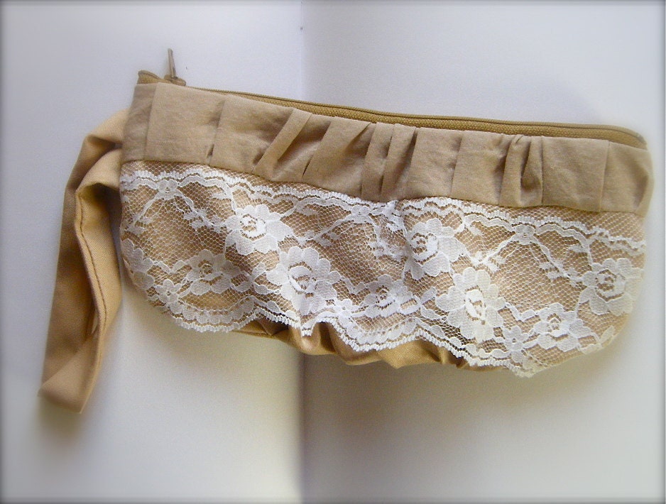 With the Softest Touch... beige wristlet with vintage white lace and cotton ticking lining.