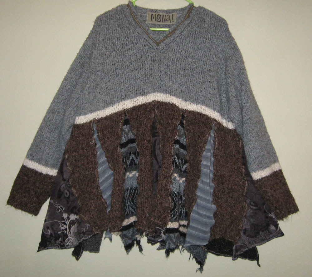 Gray Brown Baby doll style upcycled sweater Plus size v neck