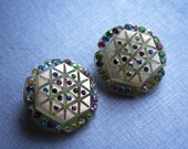 Holiday Pastel Rhinsteone and Celluloid  Pin Up Rockabilly Hollywood Glamour Vintage Rhinestone Earrings in Snowflake Pattern
