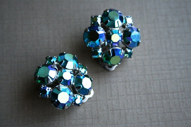 Something Blue Rhinestone Cluster Vintage Earrings Pin Up Rockabilly Hollywood Glamour
