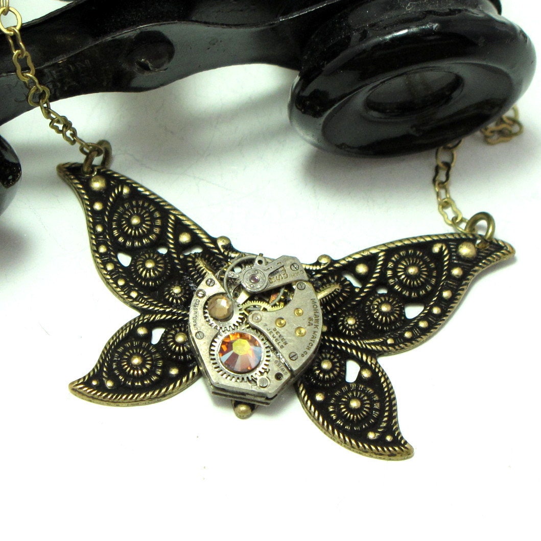 Darling Butterfly Steampunk OOAK Necklace Vintage Watch Antique Brass Filigree Designed by Mystic Pieces