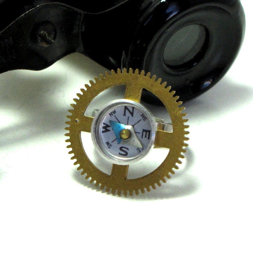 Old Clock Gear Compass OOAK Ring Adjustable Steampunk Exclusive Design By Mystic Pieces