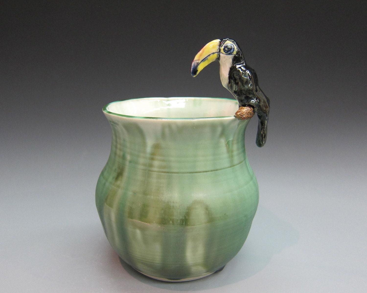 Rainforest Toucan and Tree Frog Porcelain Vase/Forest Green/Sculpture/OOAK