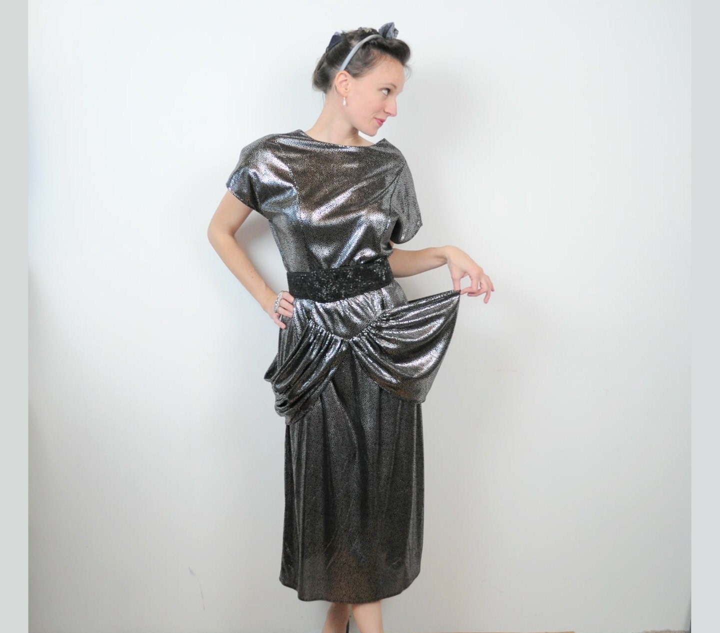 Black and Silver Sparkle Glam Dress Throwback Large