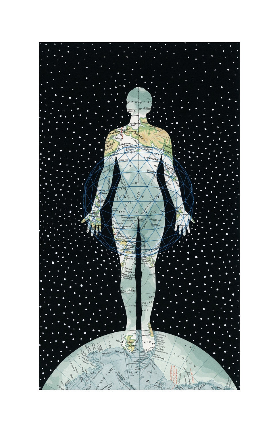 Map Collage embroidery earth blue stars anatomy - Archival Print 11 x 17 - The Keeper by selflesh
