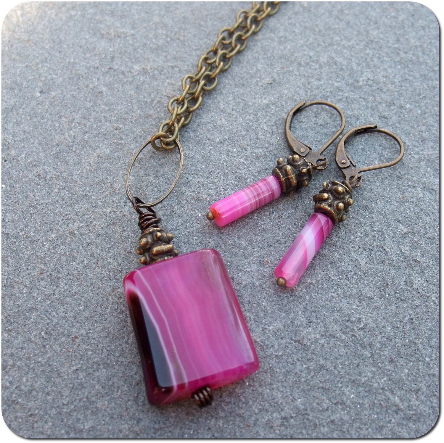 Charity Donation -- Fuschia Agate Necklace and Earring Set -- Donation to Philabundance