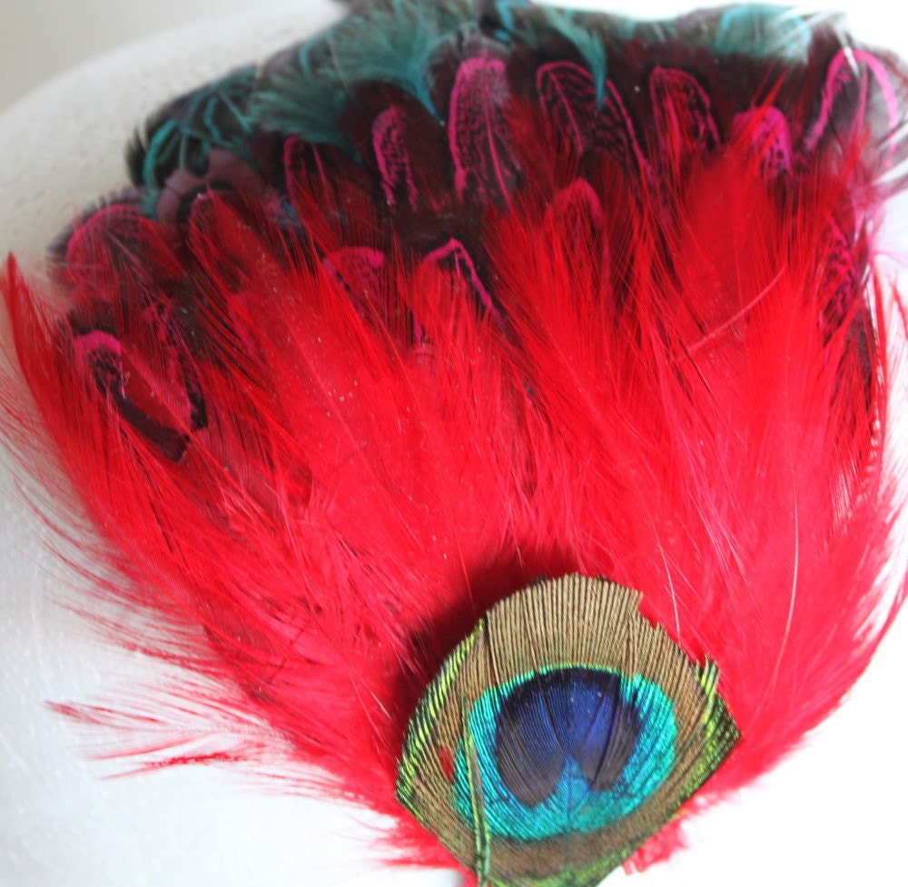 Feather Headband Red with Peacock