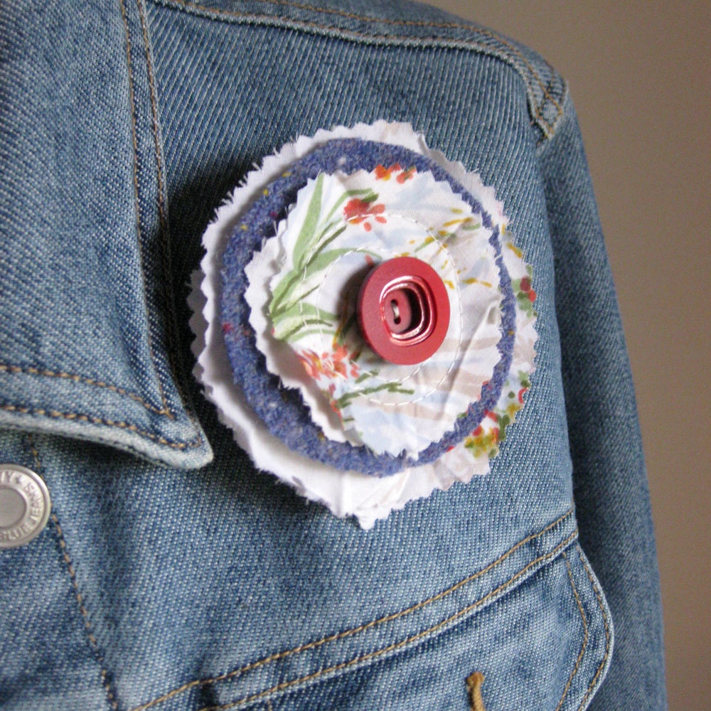 FLOWER HAIR CLIP recycled blue denim with red batik by Lynn Minney Designs