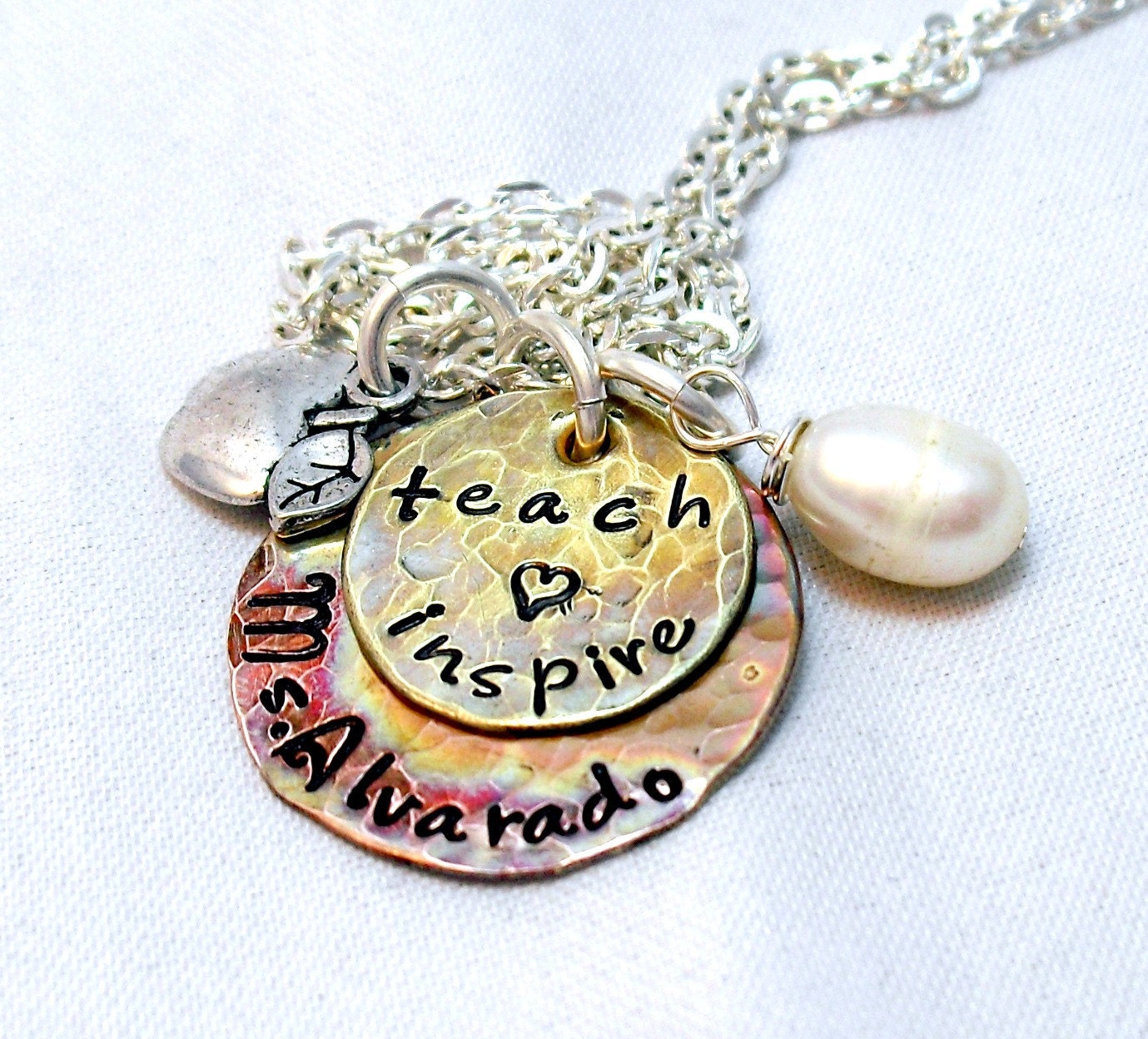 Teach and Inspire Lover Teacher Hand Stamped Personalized Necklace - Gift for teacher Necklace