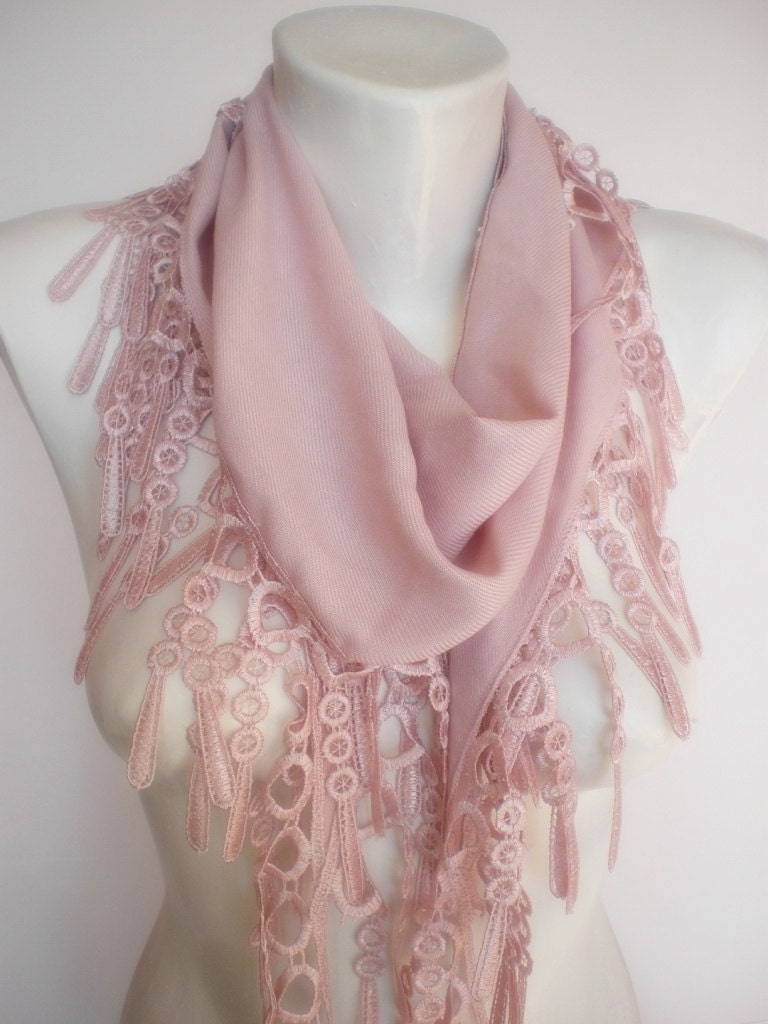 New Design Pashmina scarf with lace- baby pink-powder pink