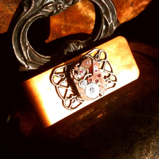 Clockwork Steampunk Money Clip - Vintage Watch Rose Gold Movement on Copper Brass Clip w Filigree - Stylish Mens Unisex Holiday gift
