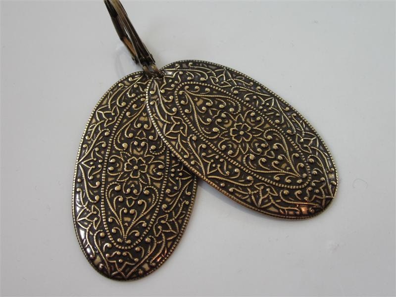 Victorian Wedding Bridal Earrings Antiqued Gold Floral Oval Medallion