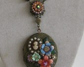 Arts & Crafts 19th Century style Signed vintage brass locket with cameo, lucite flowers and Swarovski OOAK