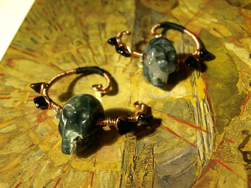 Moss agate skull hoop ear weights
