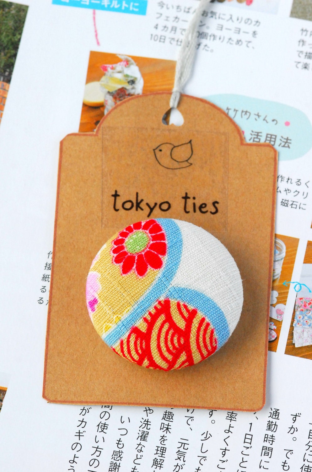 Kawaii Japanese Button Brooch- Seikaiha ocean waves and Blossom