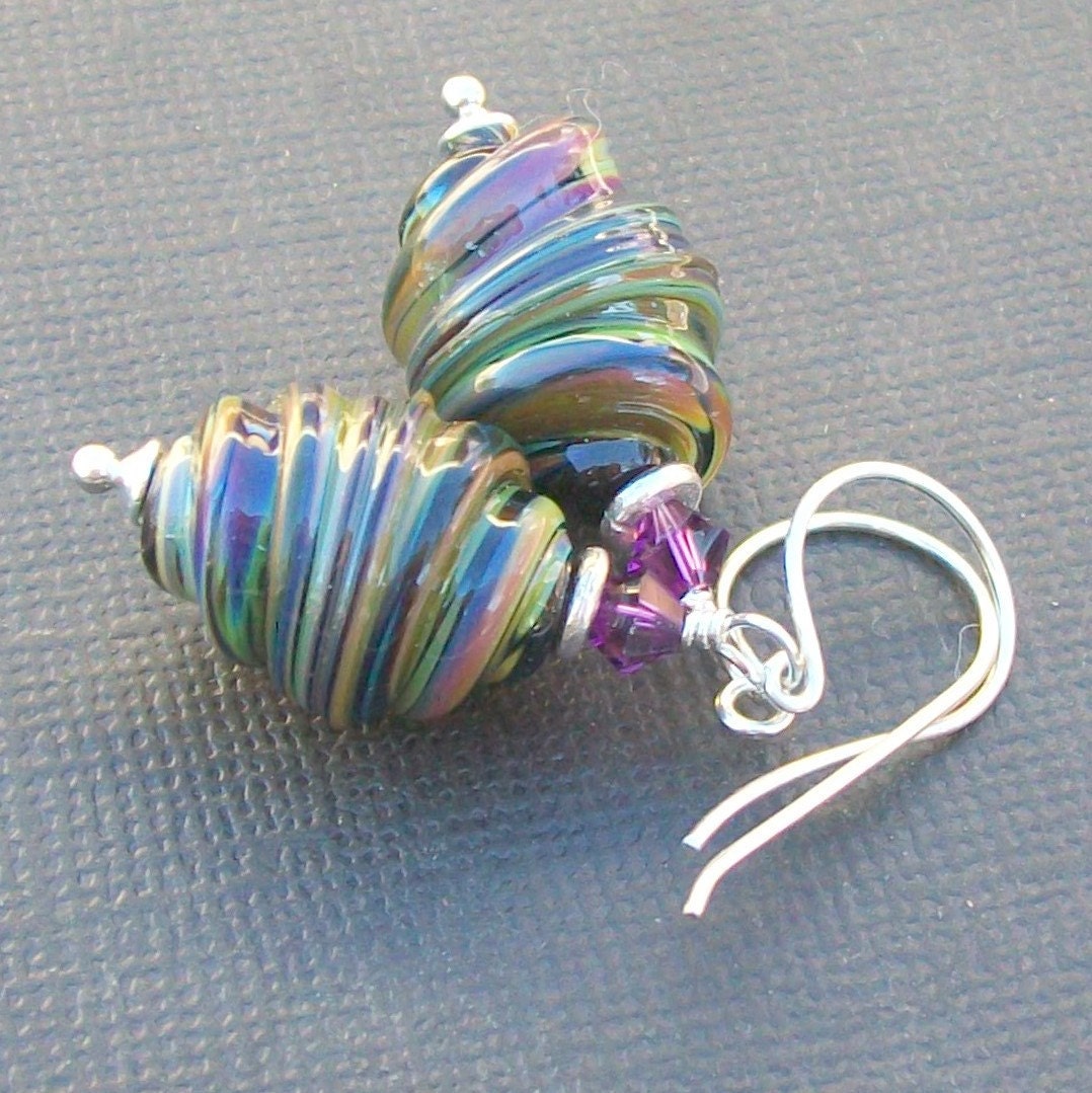 boro glass beaded earrings jewel tones purple green blue black wound and wrapped beads- jewel swirl
