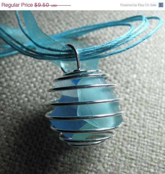ON SALE Sea Glass Necklace, Silver Beach Ball Pendant With Matching Ribbon Necklace