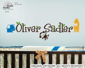 Jungle Wall Decal  with name decal, elephant decal, monkey decal and giraffe decal. Customizable name and surname wall decal for nurseryd436