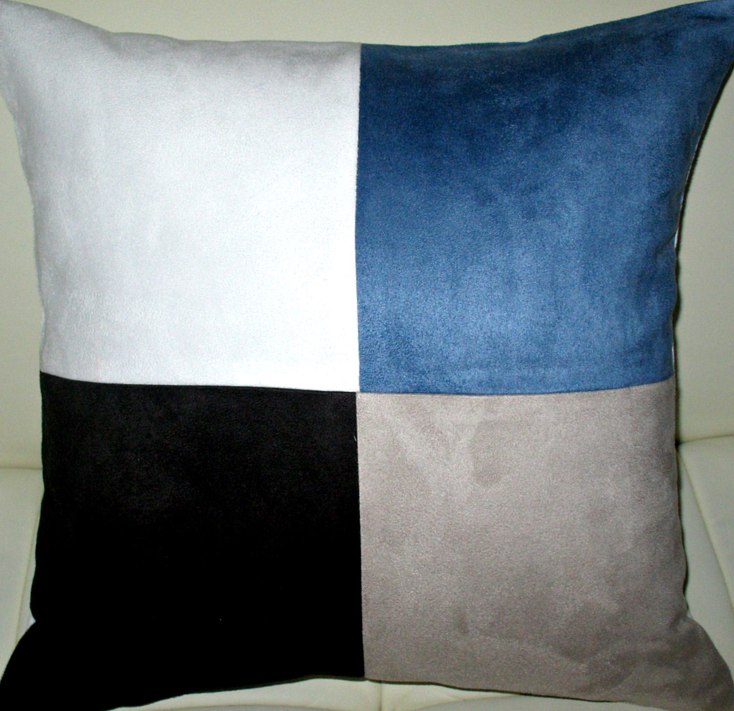 Free US shipping Unique Designer 16x16 Black, White, Blue and Grey Suede Pillow Cover with  Delicious Icon  Applique