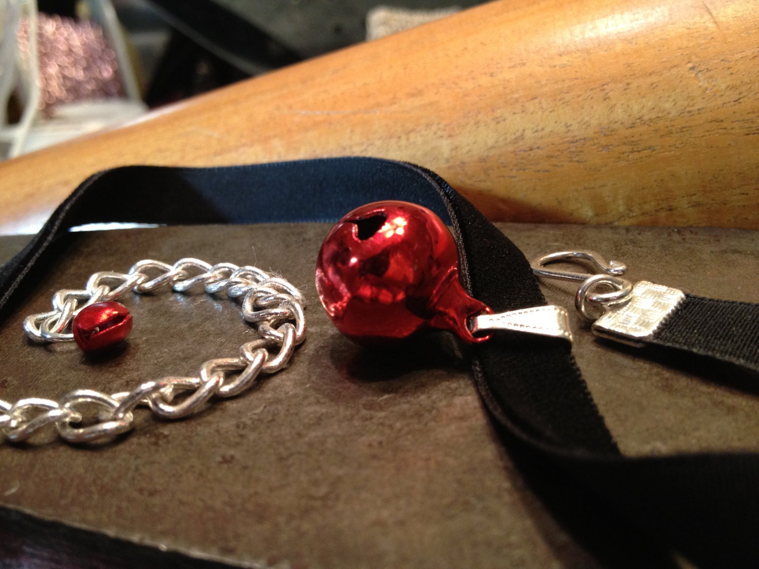 Red  Bell on Black Velvet Choker