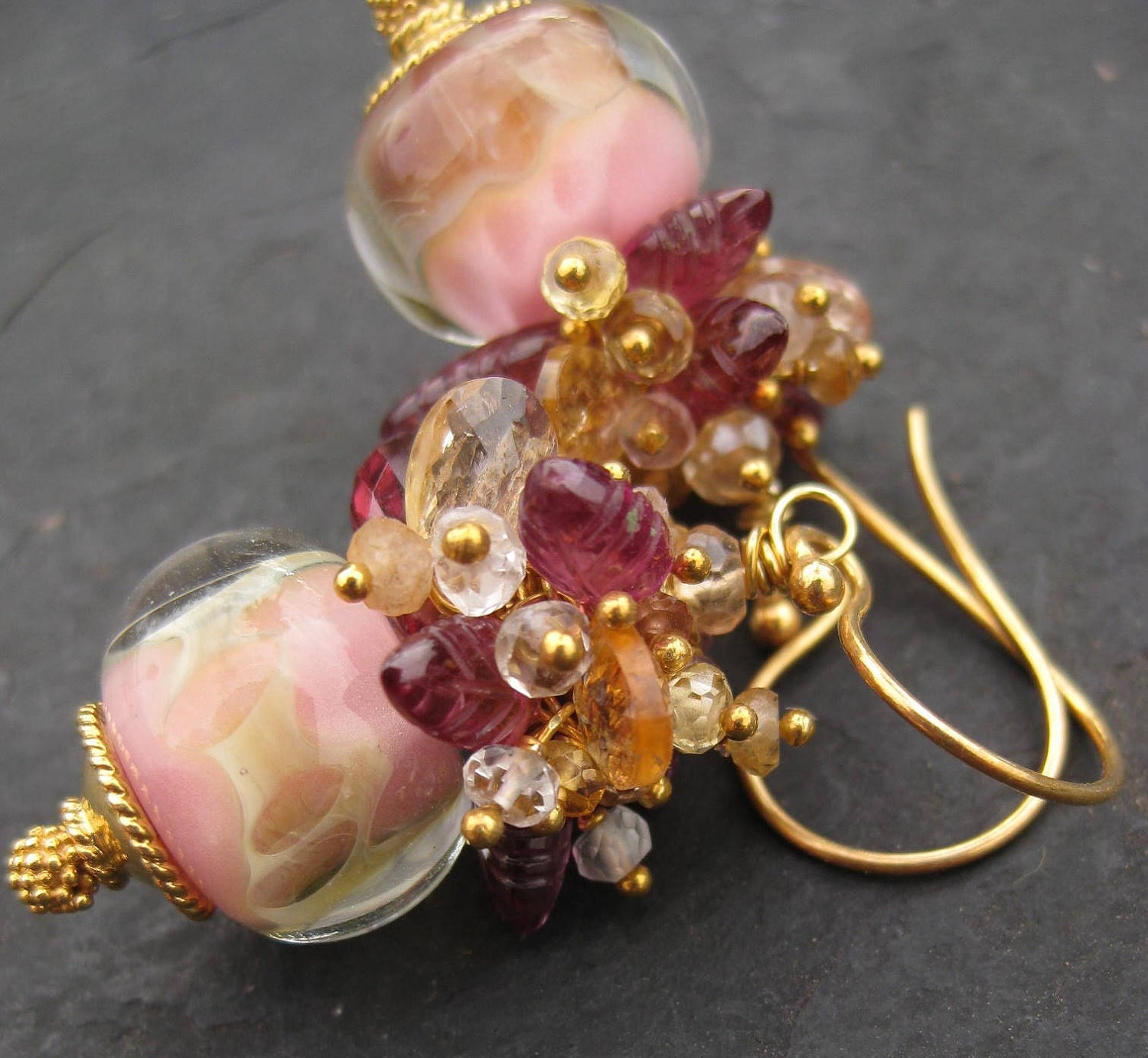 Boro lampwork bead, imperial topaz, garnet earrings --Creme Brulee--