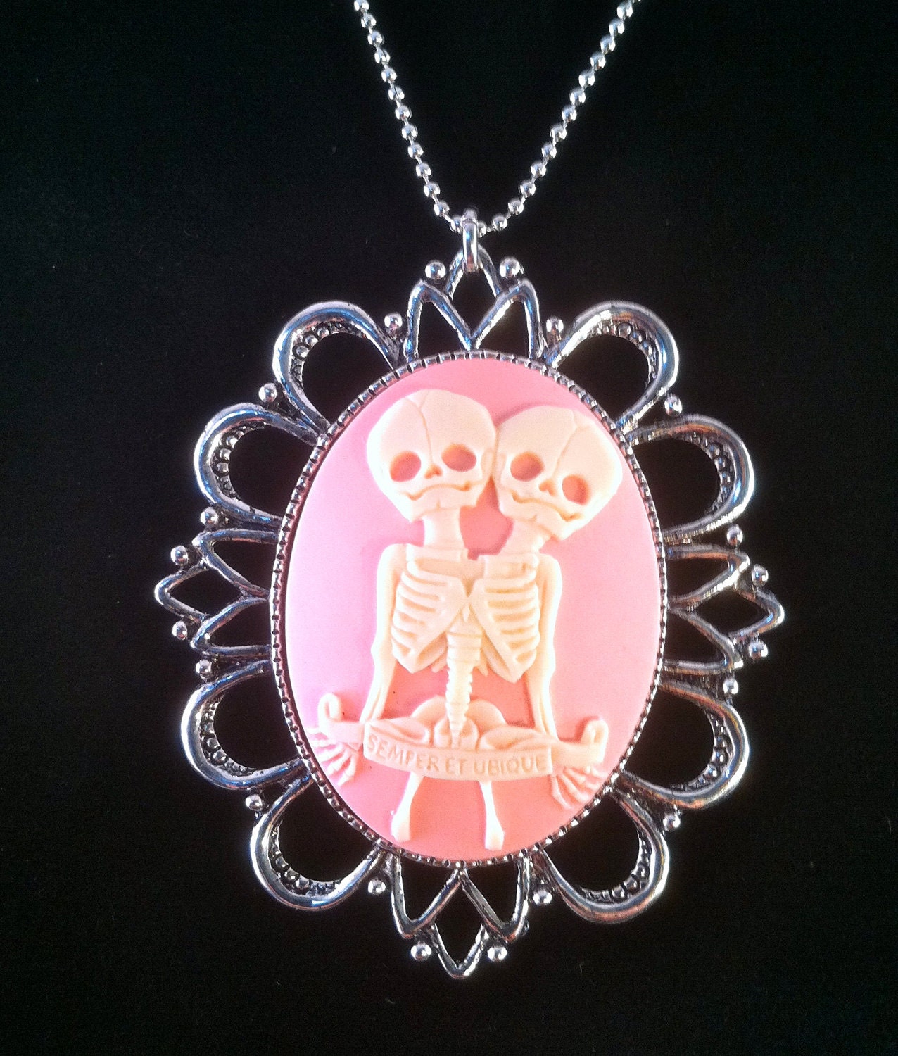 Ivory Skeletal Conjoined Twins Cameo Necklace, "Semper Et Ubique"