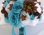 17 Pieces Package Silk Flower Wedding Decoration Bridal Bouquet TURQUOISE WHITE BROWN "Lily Of Angeles"