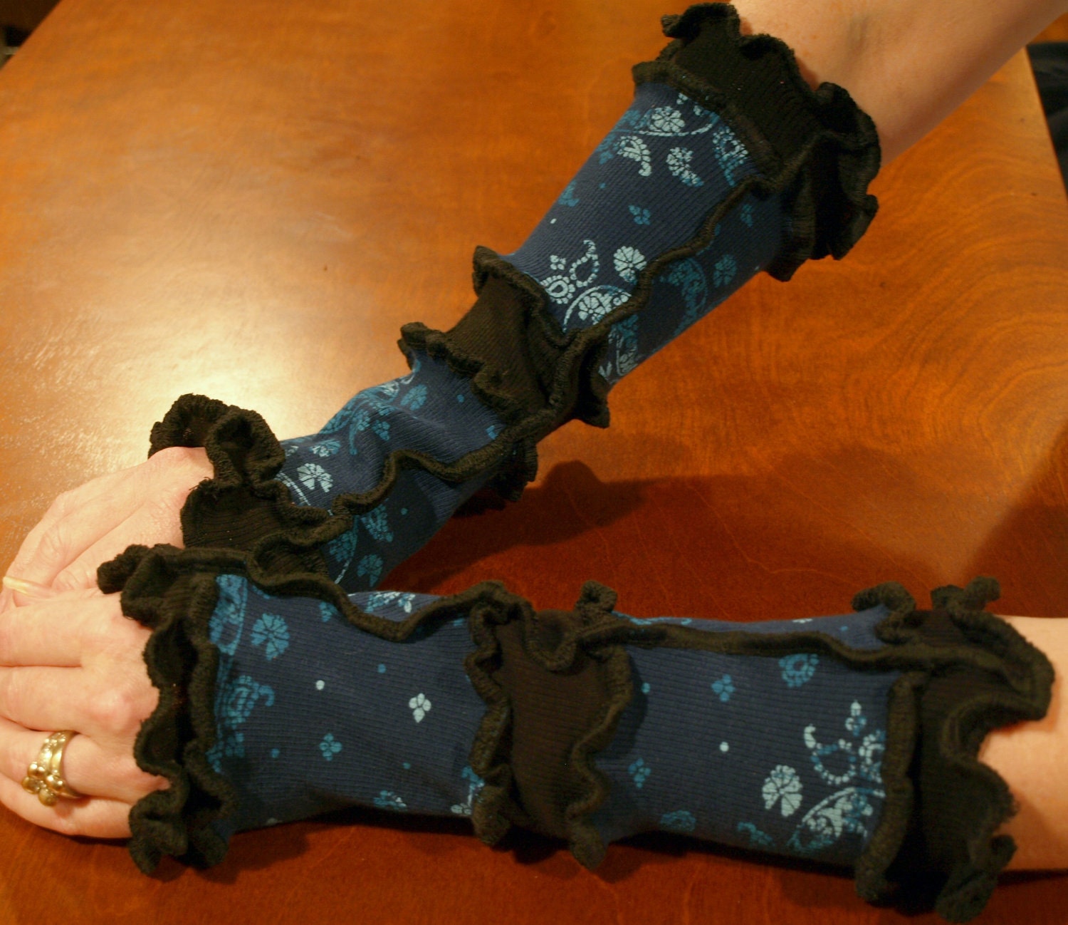 Medium Arm Warmers Blue Floral Print and Black Upcycled Knit Wear