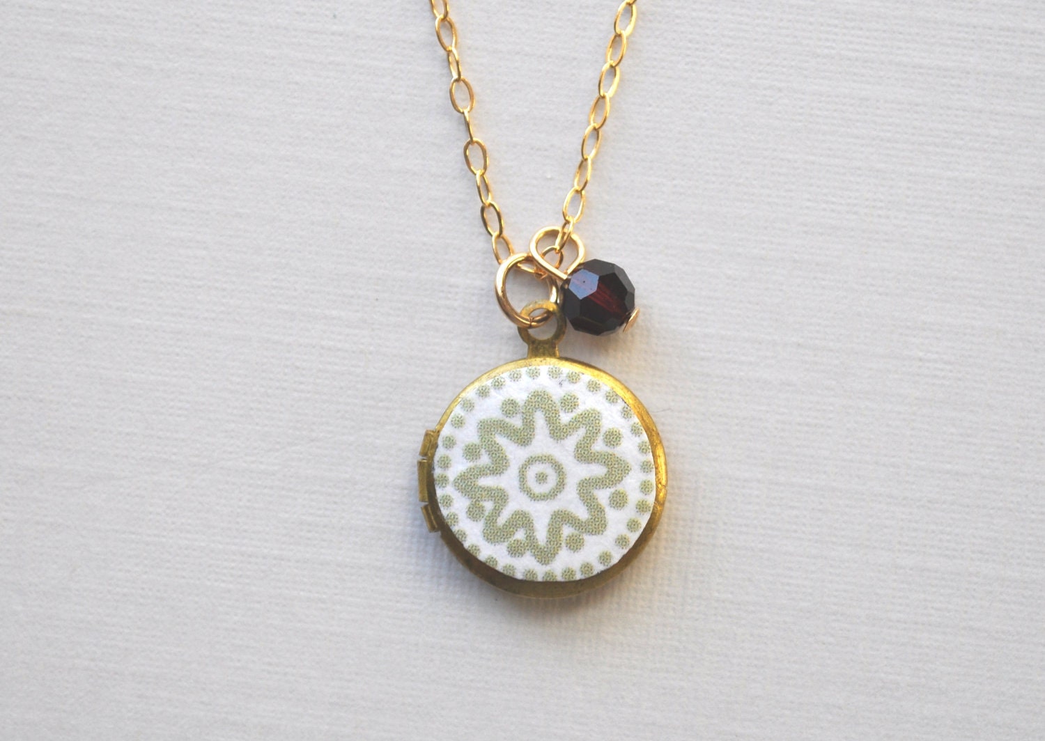 Daisy Locket Necklace - round locket sage green white garnet flower design gold filled - simple modern jewelry