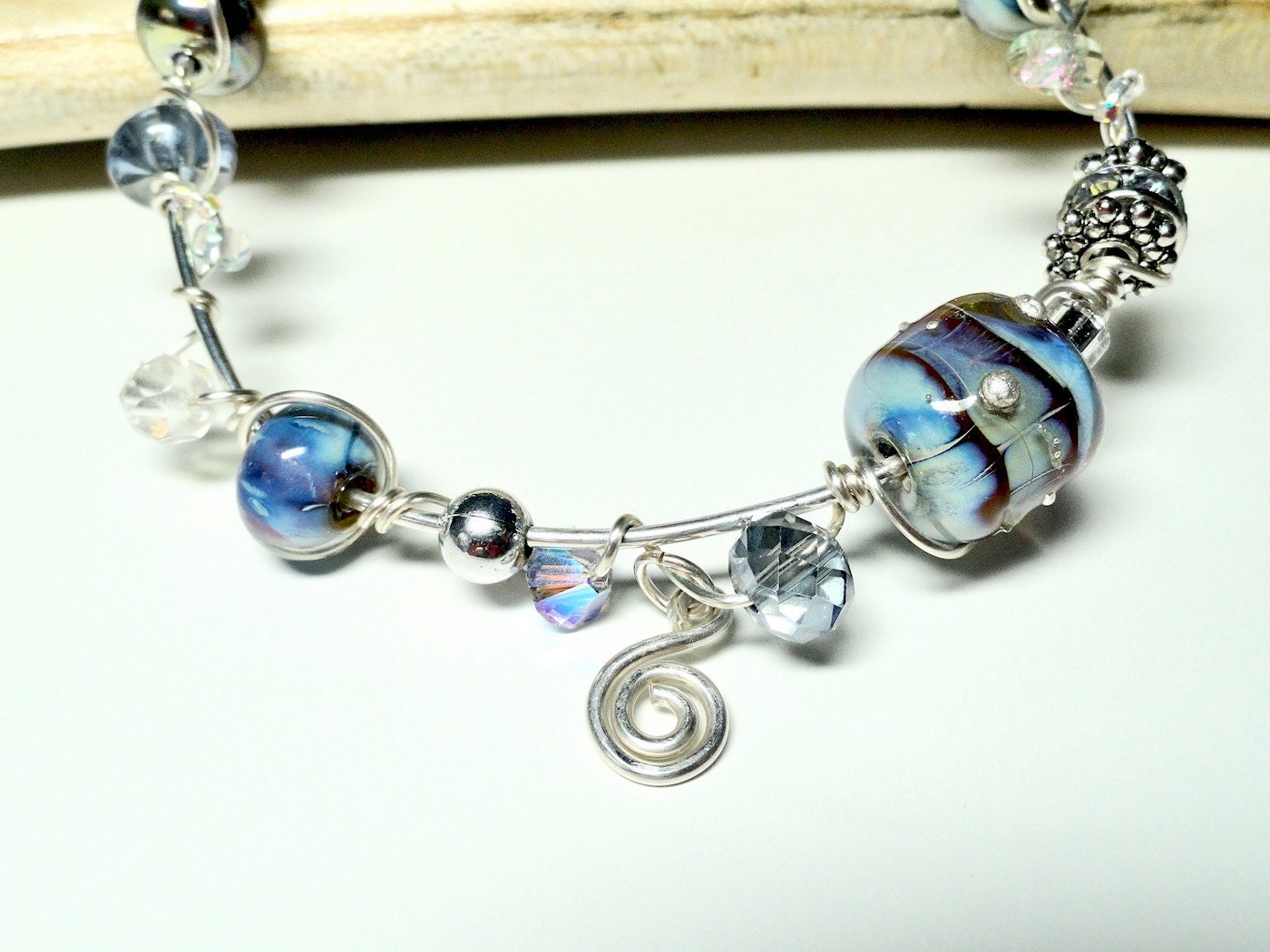 Sea Dreams Aqua Sky Blue Lampwork & Dichroic Bead Wire Wrapped SS Bracelet