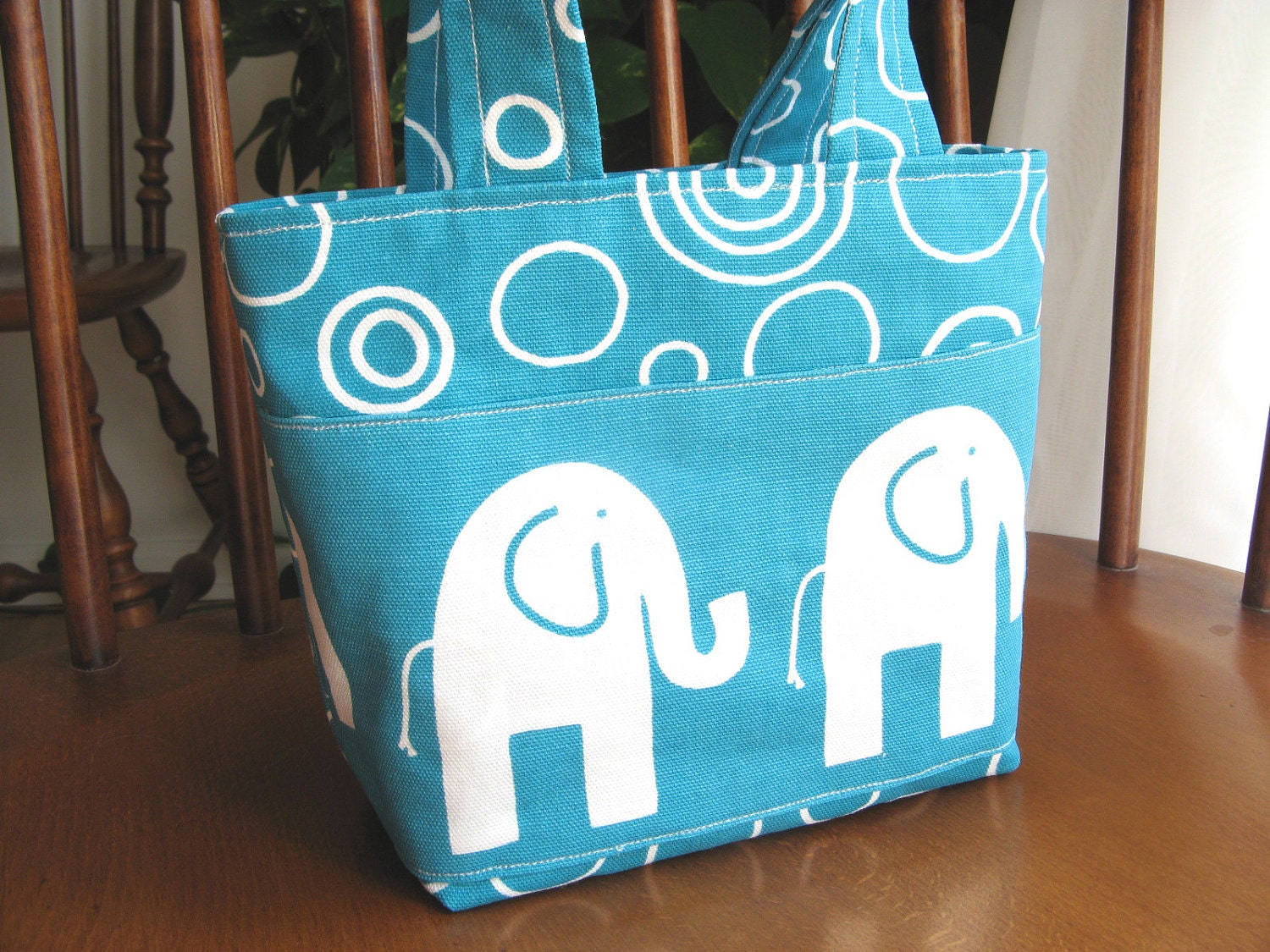 Elephants Tote Bag Turquoise Small Purse Girls Circles