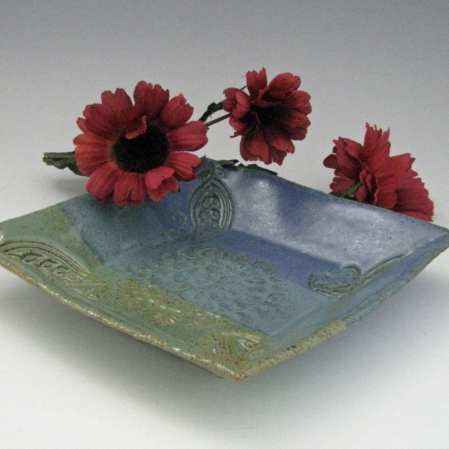 Embossed Square Tray with Four Feet in Cornflower Blue & Jade Green