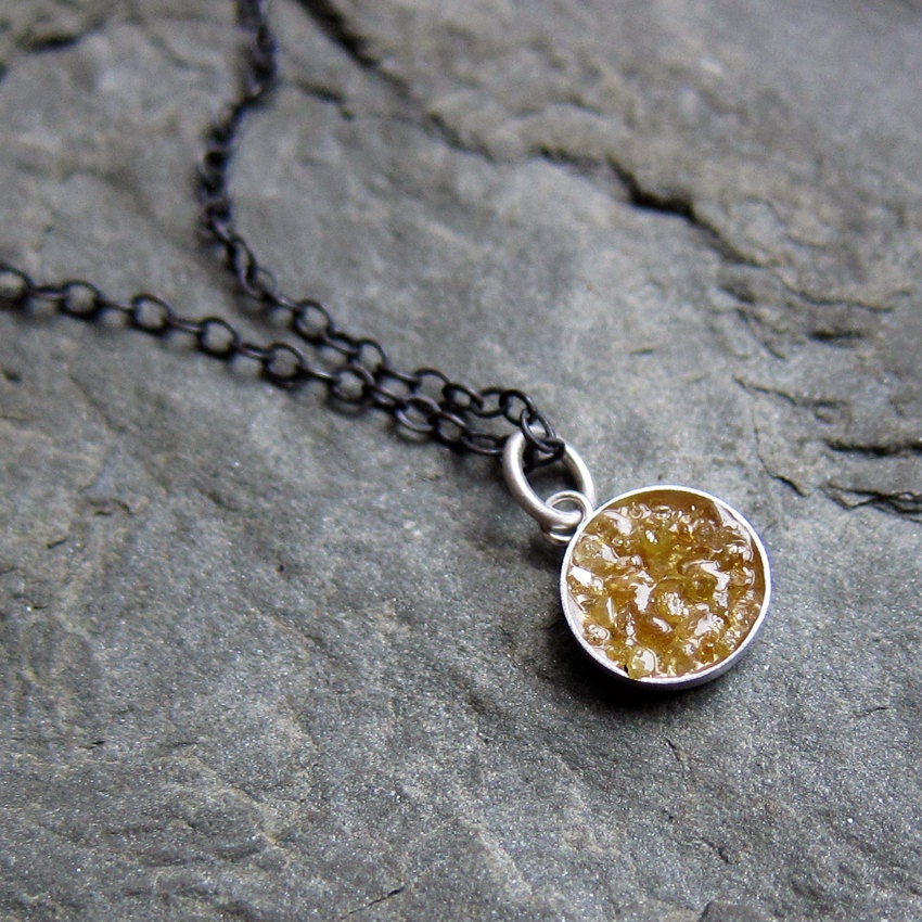 Tiny rough yellow diamond necklace, raw rough diamonds in sterling silver, 16" blackened silver chain