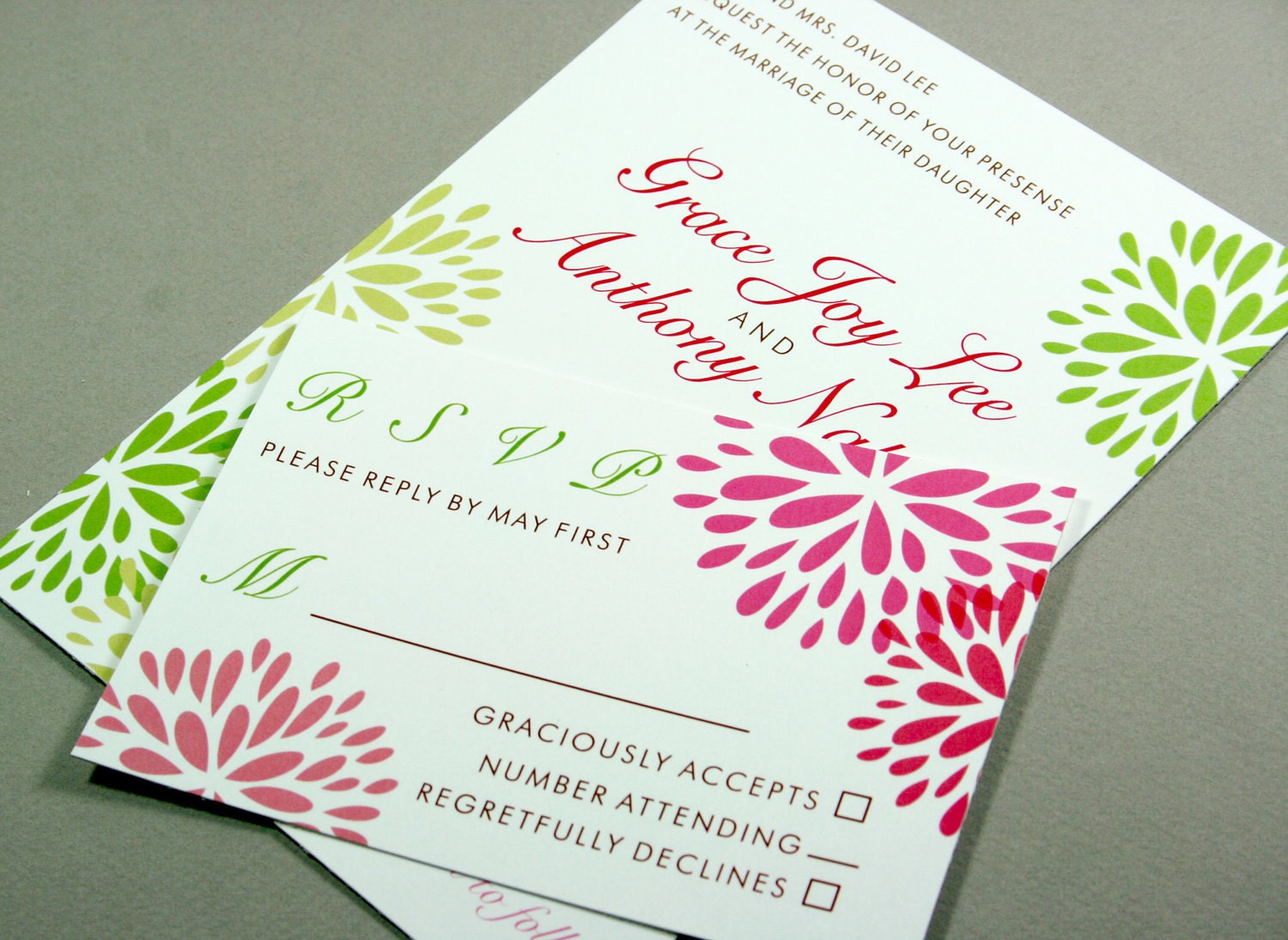 Pink and Green Blossom Floral Wedding Invitation: or customize the colors