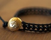 Gold Ohm Wrap Bracelet, Black Onyx, Black Leather