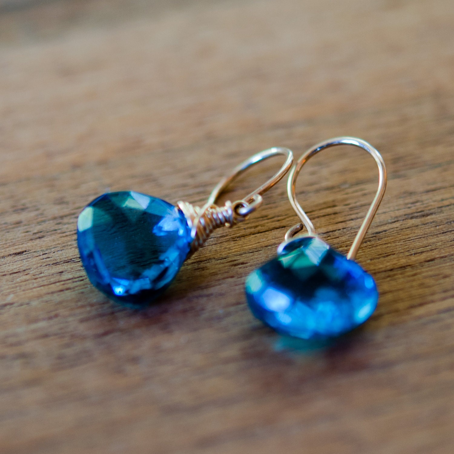 London Blue Topaz Drop Earrings, 14k Gold Fill Wire Wrapped